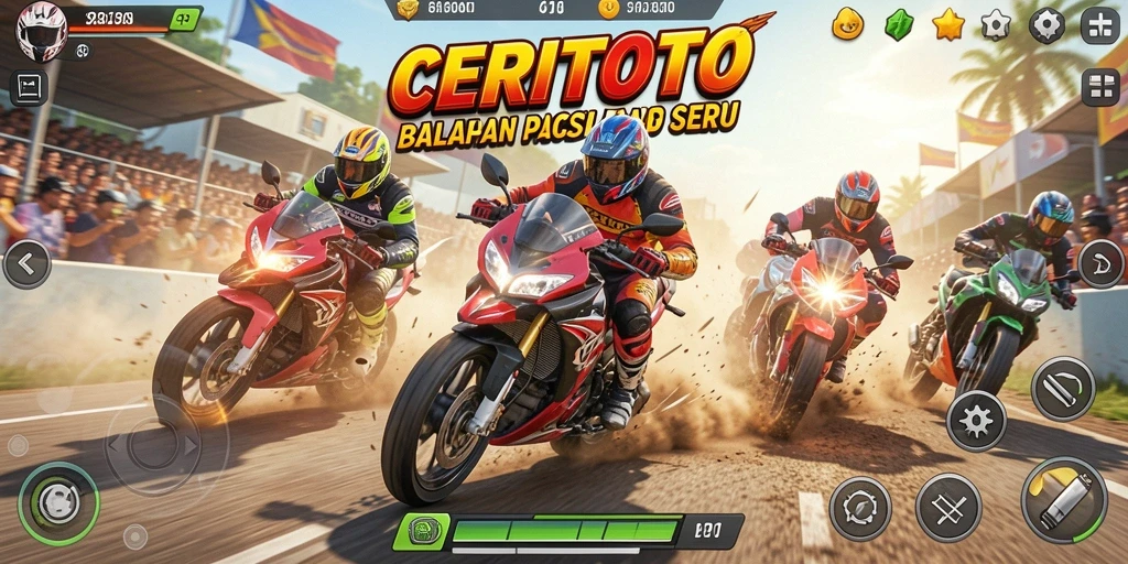 Gameplay seru dengan aksi balapan motor yang mendebarkan.